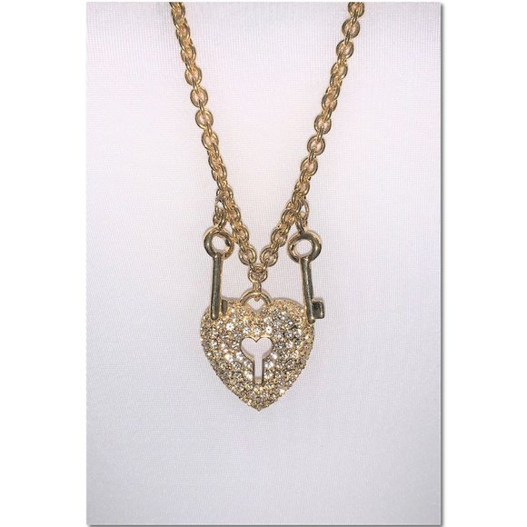 Napier Gold Crystal Heart Faux Locket and Keys Long Necklace EUC - Picture 3 of 4